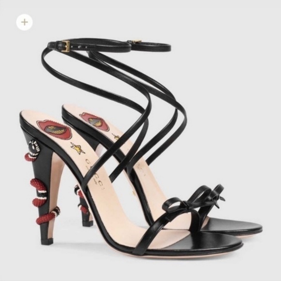Gucci Black Strappy Heels with Embellished Heel - Picture 1 of 4